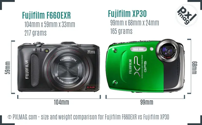Fujifilm F660EXR vs Fujifilm XP30 size comparison