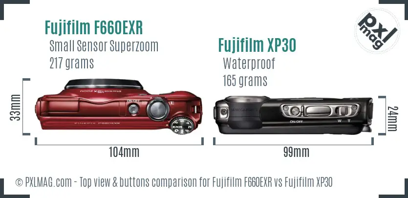 Fujifilm F660EXR vs Fujifilm XP30 top view buttons comparison