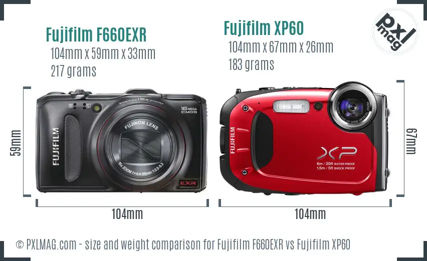 Fujifilm F660EXR vs Fujifilm XP60 size comparison Fujifilm F660EXR vs Fujifilm XP60 size comparison