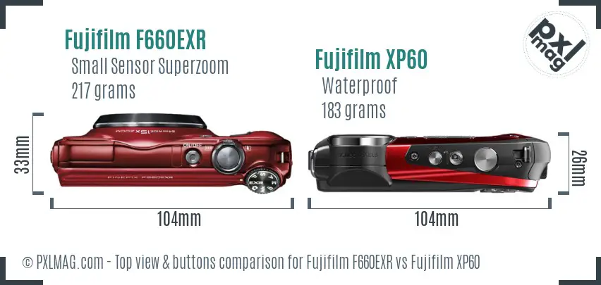 Fujifilm F660EXR vs Fujifilm XP60 top view buttons comparison Fujifilm F660EXR vs Fujifilm XP60 top view buttons comparison