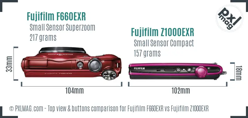 Fujifilm F660EXR vs Fujifilm Z1000EXR top view buttons comparison
