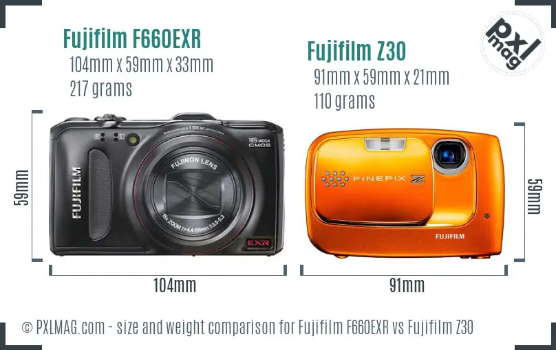 Fujifilm F660EXR vs Fujifilm Z30 size comparison