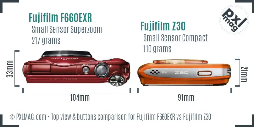 Fujifilm F660EXR vs Fujifilm Z30 top view buttons comparison