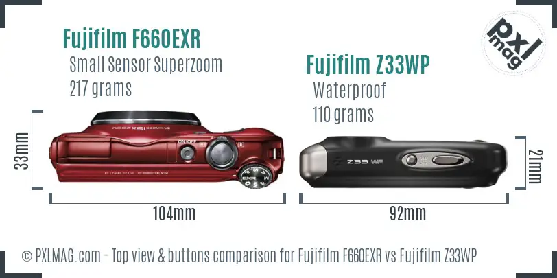 Fujifilm F660EXR vs Fujifilm Z33WP top view buttons comparison
