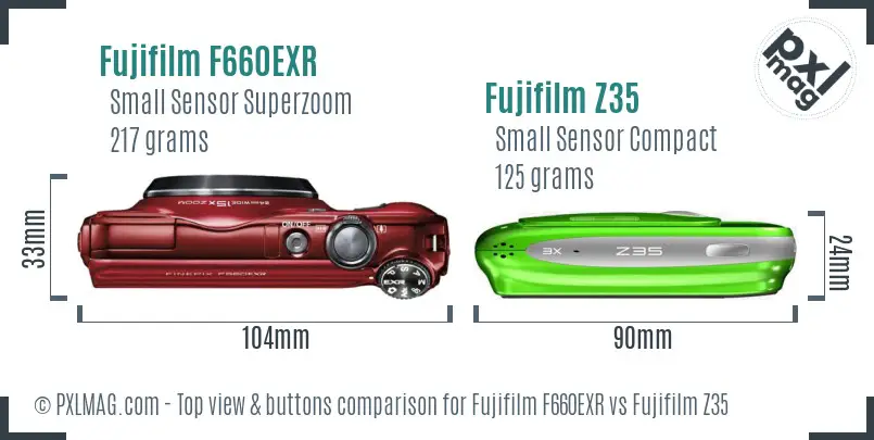 Fujifilm F660EXR vs Fujifilm Z35 top view buttons comparison