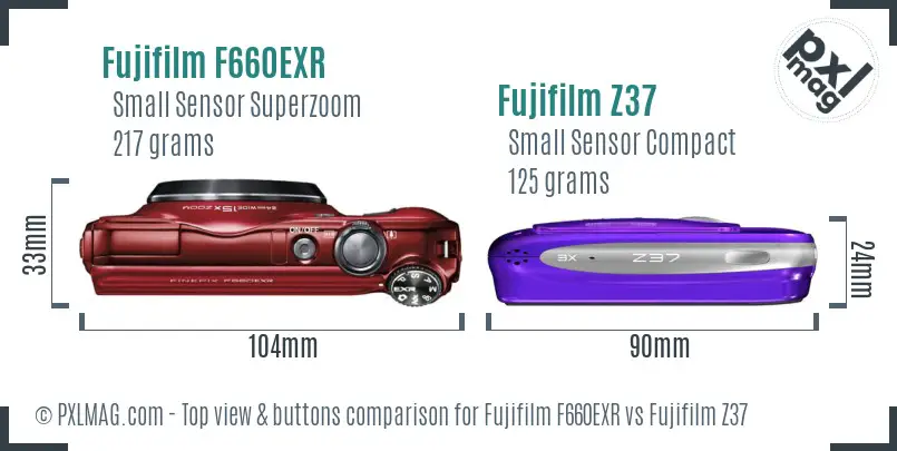 Fujifilm F660EXR vs Fujifilm Z37 top view buttons comparison