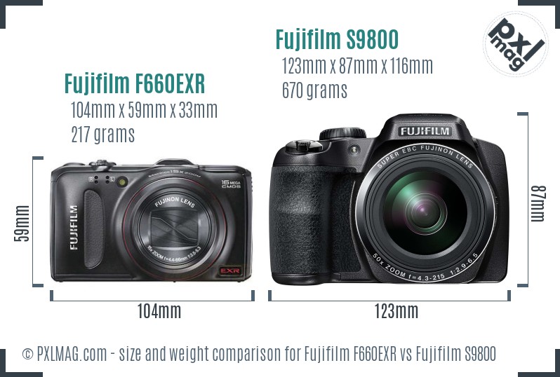 Fujifilm F660EXR vs Fujifilm S9800 size comparison Fujifilm F660EXR vs Fujifilm S9800 size comparison