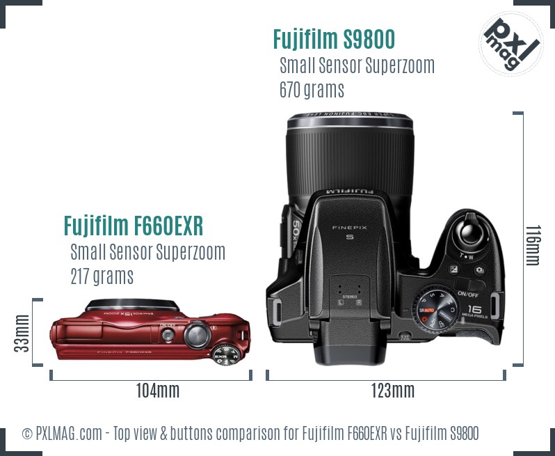 Fujifilm F660EXR vs Fujifilm S9800 top view buttons comparison