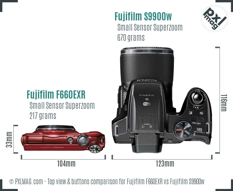 Fujifilm F660EXR vs Fujifilm S9900w top view buttons comparison Fujifilm F660EXR vs Fujifilm S9900w top view buttons comparison