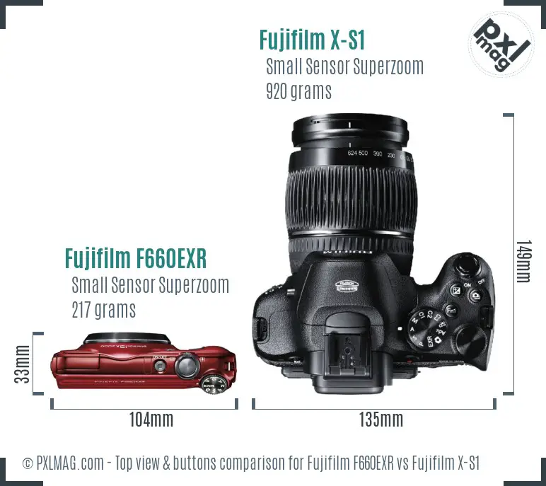 Fujifilm F660EXR vs Fujifilm X-S1 top view buttons comparison Fujifilm F660EXR vs Fujifilm X-S1 top view buttons comparison