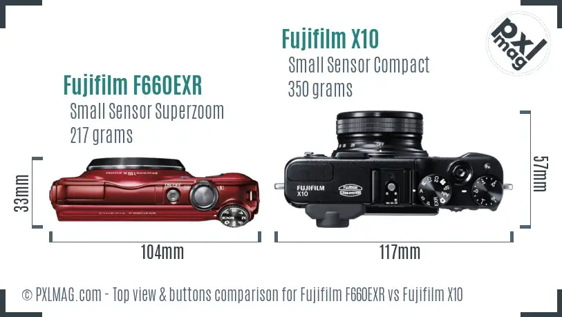 Fujifilm F660EXR vs Fujifilm X10 top view buttons comparison