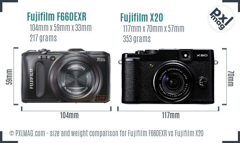 Fujifilm F660EXR vs Fujifilm X20 size comparison