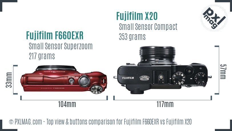 Fujifilm F660EXR vs Fujifilm X20 top view buttons comparison
