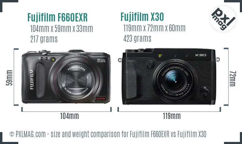 Fujifilm F660EXR vs Fujifilm X30 size comparison