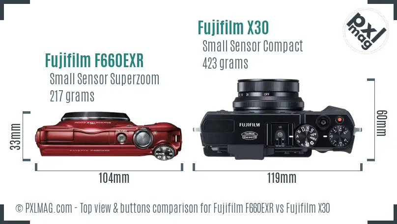 Fujifilm F660EXR vs Fujifilm X30 top view buttons comparison