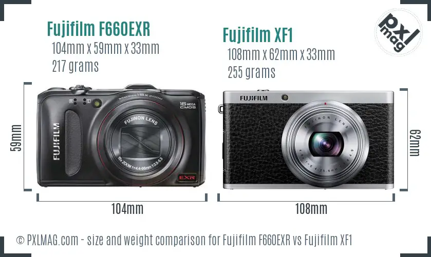 Fujifilm F660EXR vs Fujifilm XF1 size comparison