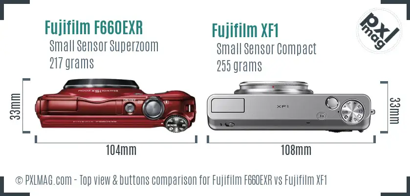 Fujifilm F660EXR vs Fujifilm XF1 top view buttons comparison
