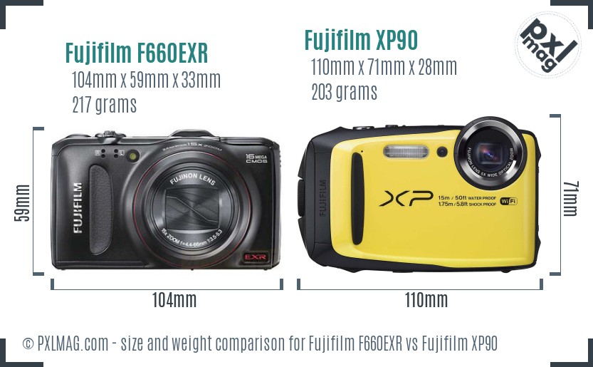 Fujifilm F660EXR vs Fujifilm XP90 size comparison