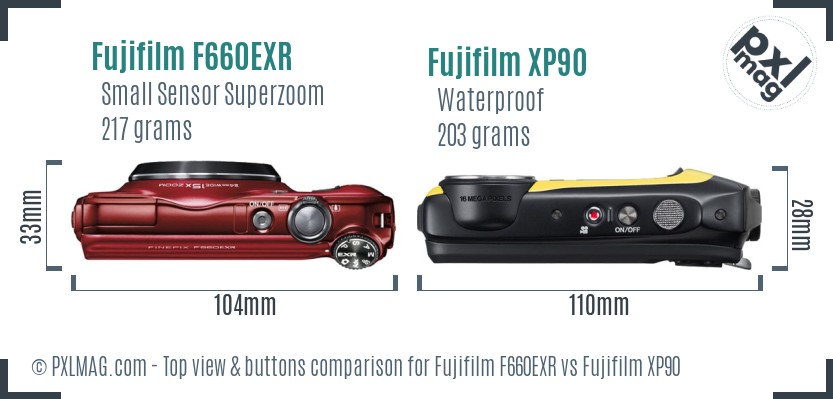 Fujifilm F660EXR vs Fujifilm XP90 top view buttons comparison