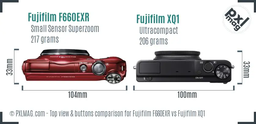 Fujifilm F660EXR vs Fujifilm XQ1 top view buttons comparison