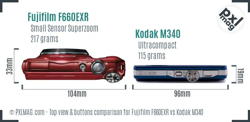 Fujifilm F660EXR vs Kodak M340 top view buttons comparison