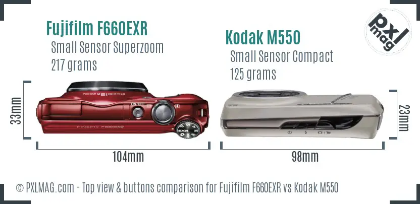 Fujifilm F660EXR vs Kodak M550 top view buttons comparison