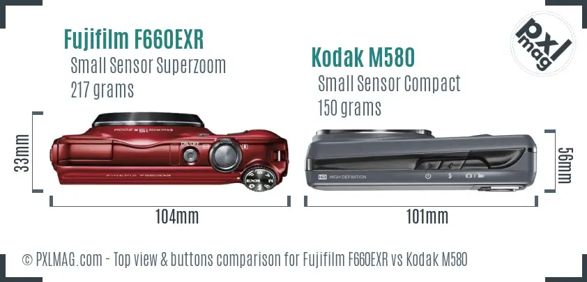 Fujifilm F660EXR vs Kodak M580 top view buttons comparison