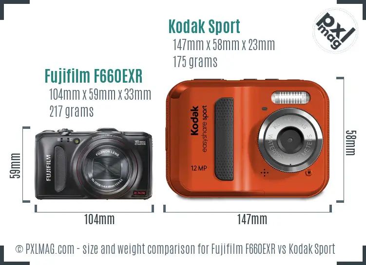 Fujifilm F660EXR vs Kodak Sport size comparison