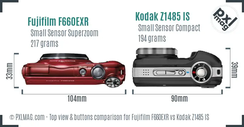 Fujifilm F660EXR vs Kodak Z1485 IS top view buttons comparison