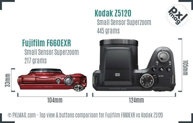 Fujifilm F660EXR vs Kodak Z5120 top view buttons comparison