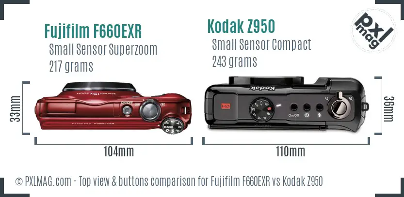 Fujifilm F660EXR vs Kodak Z950 top view buttons comparison Fujifilm F660EXR vs Kodak Z950 top view buttons comparison