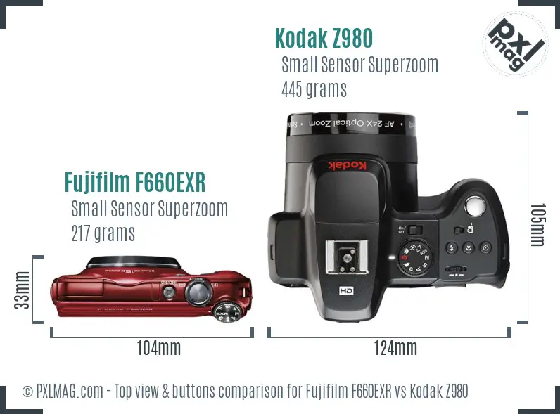 Fujifilm F660EXR vs Kodak Z980 top view buttons comparison
