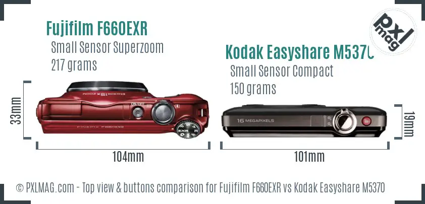 Fujifilm F660EXR vs Kodak Easyshare M5370 top view buttons comparison