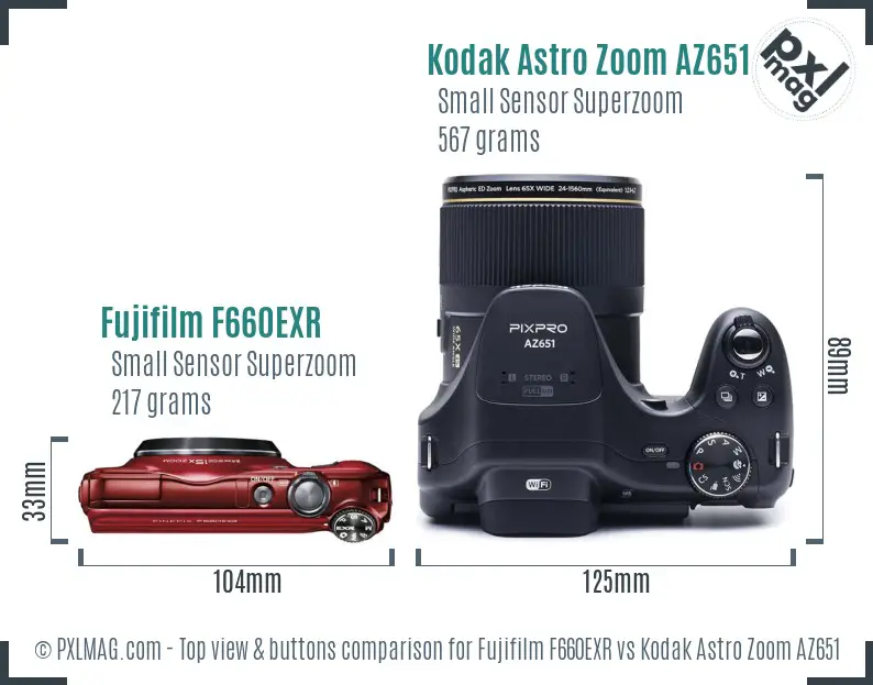 Fujifilm F660EXR vs Kodak Astro Zoom AZ651 top view buttons comparison Fujifilm F660EXR vs Kodak Astro Zoom AZ651 top view buttons comparison