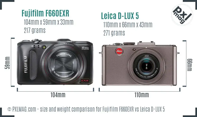 Fujifilm F660EXR vs Leica D-LUX 5 size comparison