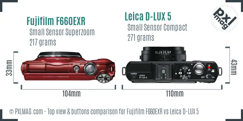 Fujifilm F660EXR vs Leica D-LUX 5 top view buttons comparison