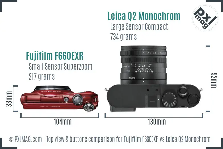 Fujifilm F660EXR vs Leica Q2 Monochrom top view buttons comparison