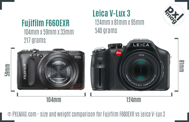 Fujifilm F660EXR vs Leica V-Lux 3 size comparison Fujifilm F660EXR vs Leica V-Lux 3 size comparison
