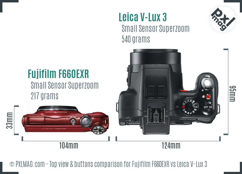 Fujifilm F660EXR vs Leica V-Lux 3 top view buttons comparison Fujifilm F660EXR vs Leica V-Lux 3 top view buttons comparison