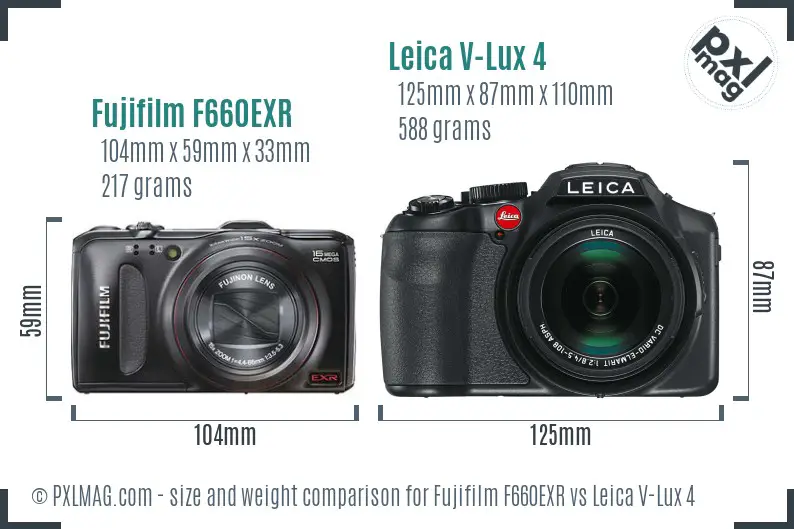 Fujifilm F660EXR vs Leica V-Lux 4 size comparison