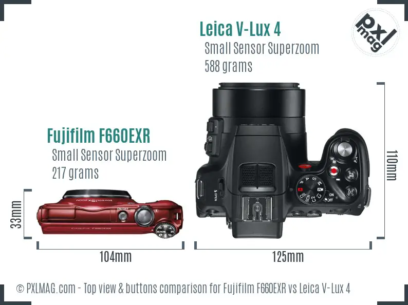 Fujifilm F660EXR vs Leica V-Lux 4 top view buttons comparison