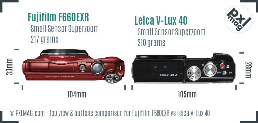 Fujifilm F660EXR vs Leica V-Lux 40 top view buttons comparison