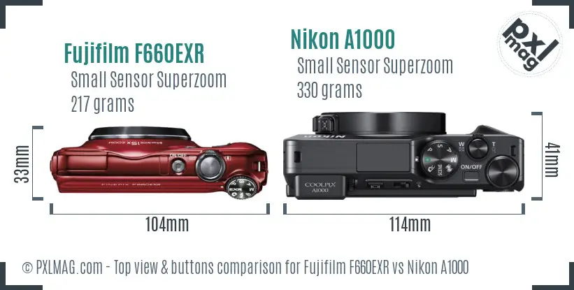 Fujifilm F660EXR vs Nikon A1000 top view buttons comparison