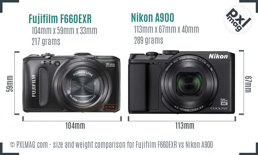 Fujifilm F660EXR vs Nikon A900 size comparison