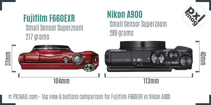 Fujifilm F660EXR vs Nikon A900 top view buttons comparison