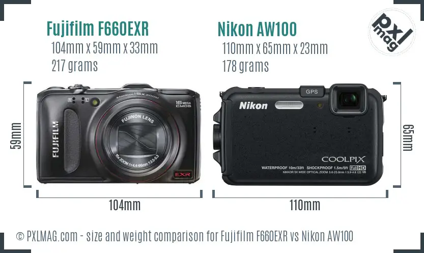 Fujifilm F660EXR vs Nikon AW100 size comparison