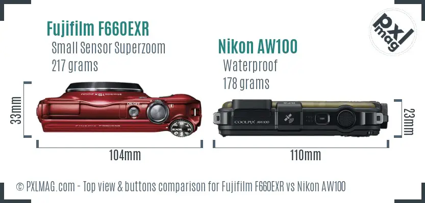 Fujifilm F660EXR vs Nikon AW100 top view buttons comparison