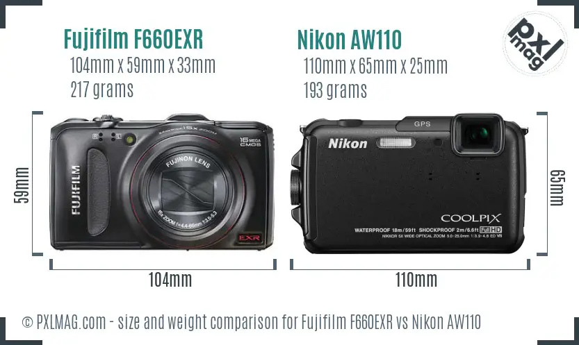 Fujifilm F660EXR vs Nikon AW110 size comparison