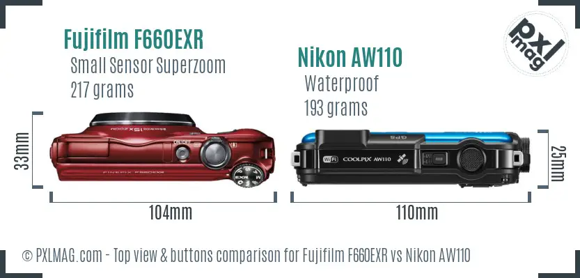 Fujifilm F660EXR vs Nikon AW110 top view buttons comparison