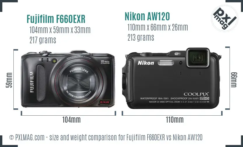 Fujifilm F660EXR vs Nikon AW120 size comparison